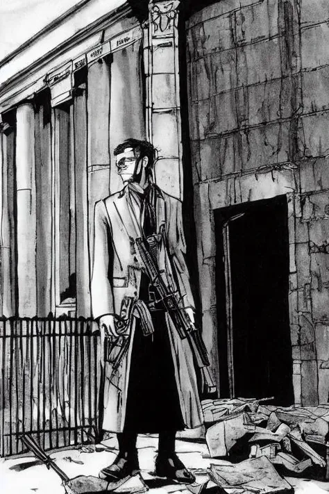 TheRPGCharGenEsAFArt man holding a gun, skirt, and boots in front of an old building