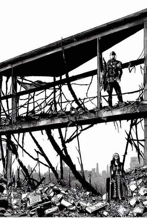 TheRPGCharGenEsAFArt ((epic warrior punk girl and man)) standing on a destroyed tower, rising out of the smoke destroyed in the far distance ((sci-fi skyline))