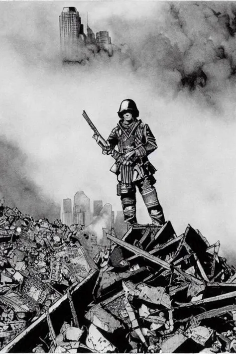 TheRPGCharGenEsAFArt warrior punk man standing n a destroyed tank, rising out of the smoke destroyed, in the far distance ((sci-fi skyline))