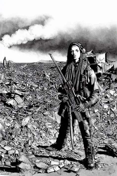 TheRPGCharGenEsAFArt ((warrior punk girl and man)) standing n a destroyed tank, rising out of the smoke destroyed, in the far distance ((sci-fi skyline))