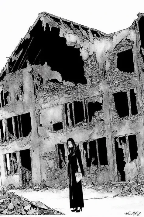TheRPGCharGenEsAFArt destroyed ((tank)), warrior 1girl, in front of an old ruined building,