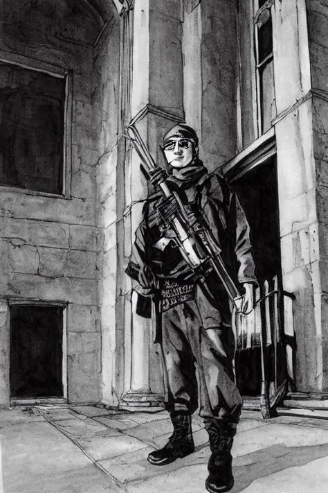 TheRPGCharGenEsAFArt man holding a gun, skirt, and boots in front of an old building
