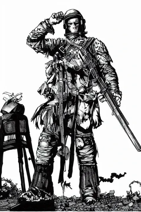 TheRPGCharGenEsAFArt warrior punk man standing n a destroyed tank, rising out of the smoke destroyed, in the far distance ((sci-fi skyline))