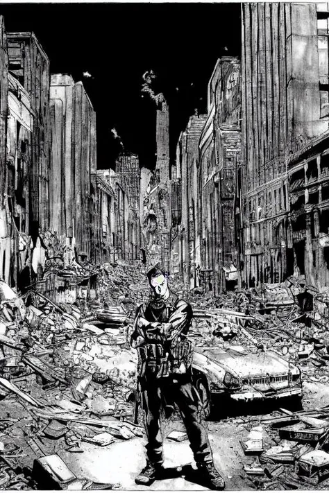 TheRPGCharGenEsAFArt warrior punk man, in front of the destroyed ((sci-fi skyline))