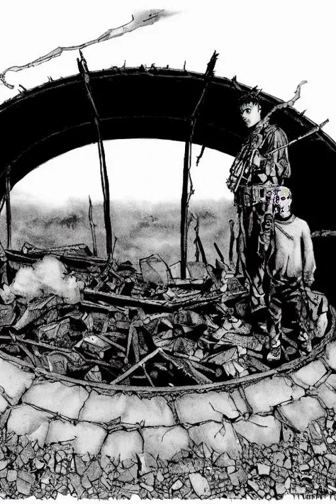 TheRPGCharGenEsAFArt ((epic warrior punk girl and man)) standing on a destroyed tank, rising out of the smoke destroyed in the far distance ((sci-fi skyline))