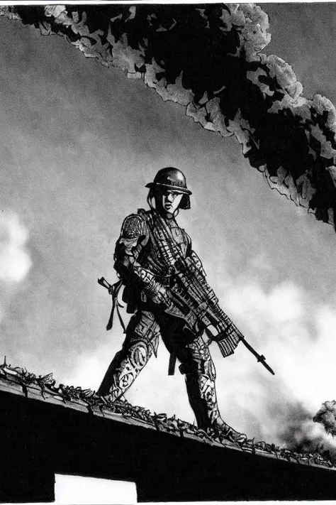 TheRPGCharGenEsAFArt warrior punk man, in the far distance rising out of the smoke destroyed ((sci-fi skyline))