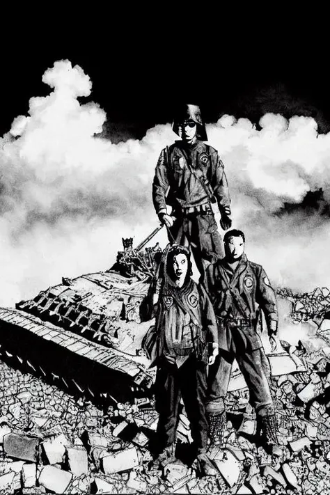 TheRPGCharGenEsAFArt ((epic warrior punk girl and man)) standing on a destroyed tank, rising out of the smoke destroyed in the far distance ((sci-fi skyline))