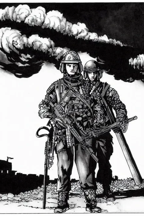 TheRPGCharGenEsAFArt ((warrior punk girl and man)) standing n a destroyed tank, rising out of the smoke destroyed, in the far distance ((sci-fi skyline))