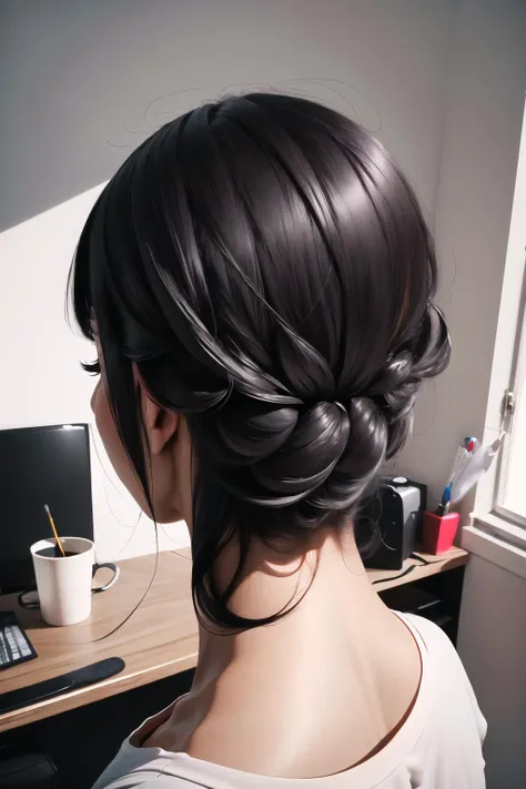 Highly detailed, High Quality, Masterpiece, beautiful, FIBackAboveLeft, <lora:Headviews:0.8>, 1girl, solo, black hair, long hair, shirt, white shirt