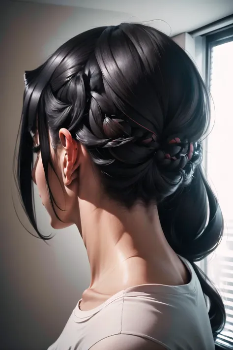 Highly detailed, High Quality, Masterpiece, beautiful, FIBackAboveRight, <lora:Headviews:0.8>, 1girl, solo, black hair, long hair, shirt, white shirt, from above