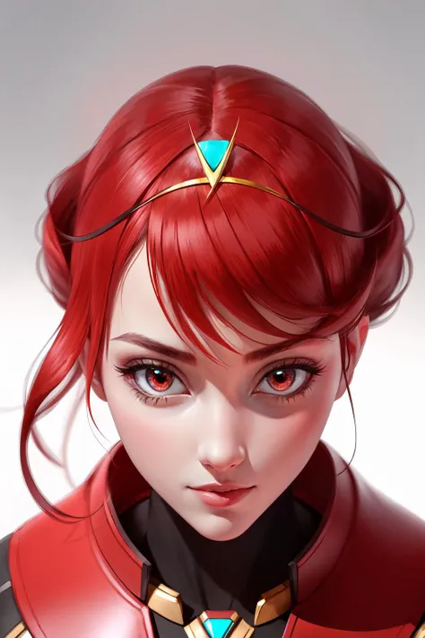 Highly detailed, High Quality, Masterpiece, beautiful, FIFrontLittleAbove, <lora:Headviews:0.7>, 1girl, solo, Pyra \(xenoblade\), Pyra:1.2, red hair, red eyes, short hair, <lora:Char_Xenoblade_PyraMythraPneuma:0.5>