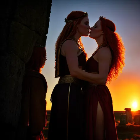 Celtic priestesses,redheads,ceremonial loincloths,kiss, <lora:frenchKiss_v1:1>,hdr,sharp focus,sunset stonehenge background, <lora:epiNoiseoffset_v2:1>,
