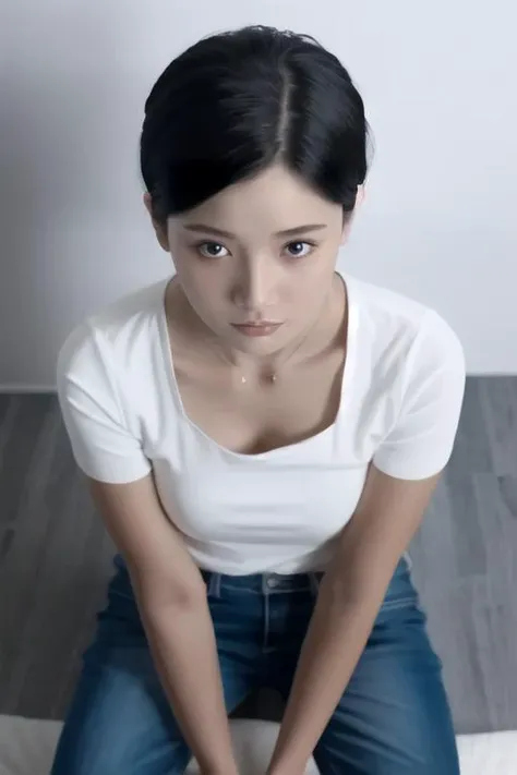 <lora:yueqing_1.0:0.6>
yueqing, 1girl, solo, black hair, looking at viewer, closed mouth , hair over shoulder, happy tears,
cowboy shot,white shirt, collared shirt, short sleeves,
sitting, wariza,
indoors, from above,
realistic,simple background,
(masterpiece:1,2), best quality, masterpiece, highres, original, extremely detailed wallpaper,absurdres, perfect lighting,(extremely detailed CG:1.2),