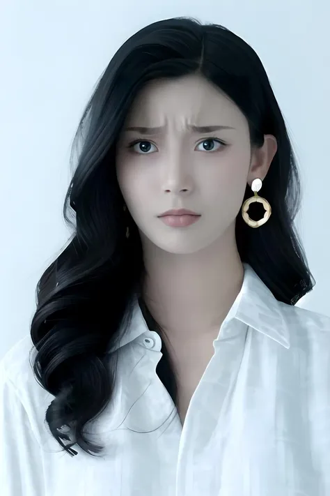 <lora:yueqing_1.0:0.8>
yueqing, 1girl, solo, earrings, black hair, jewelry, long hair, (looking at viewer:1.2), shirt, white shirt, realistic, hair over shoulder, portrait, collared shirt, white background, closed mouth,
light frown, pout,
(masterpiece:1,2), best quality, masterpiece, highres, original, extremely detailed wallpaper,absurdres, perfect lighting,(extremely detailed CG:1.2),