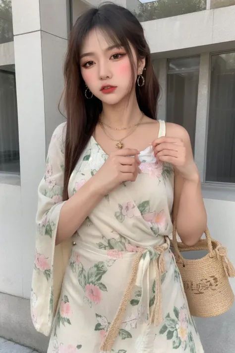 best quality, master piece
<lora:doll13:0.8>1 girl, cowboy_shot,
Floral wrap dress, Ballet flats, Woven straw bag, Dainty necklace, and hoop earrings.