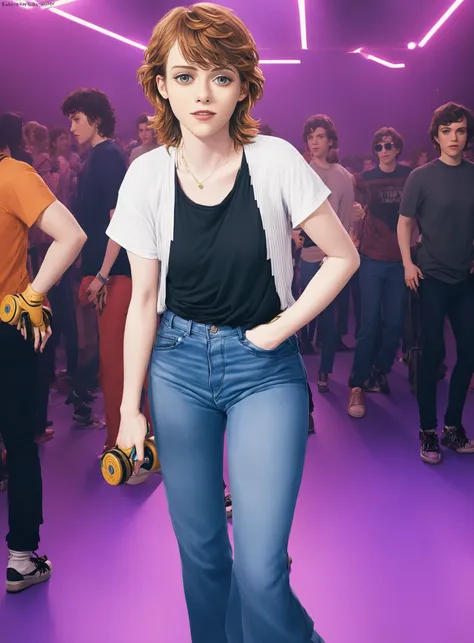 sophialillis wearing jeans and tshirt in an 80s style roller disco <lora:Sophia_Lillis_SDXL-000016:0.8>