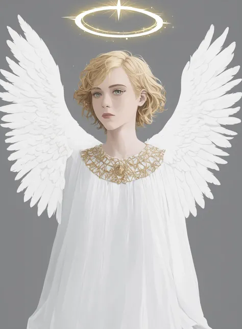 sophialillis as an angel with blonde hair golden halo and white feathered wings <lora:Sophia_Lillis_SDXL-000016:0.8>