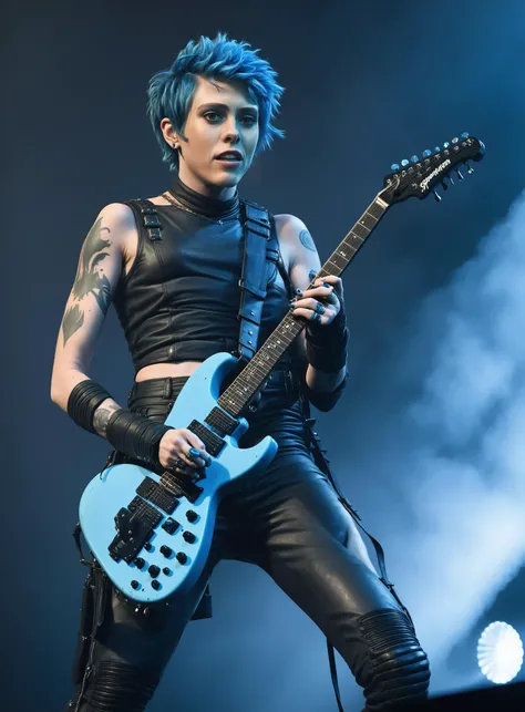 sophialillis with blue hair playing the e-guitar on stage as the lead singer of a metal band in leather outfit, fog, laser, spotlights <lora:Sophia_Lillis_SDXL-000016:0.8>