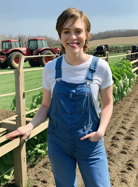 sophialillis in overalls working on a farm smiling <lora:Sophia_Lillis_SDXL-000016:1>