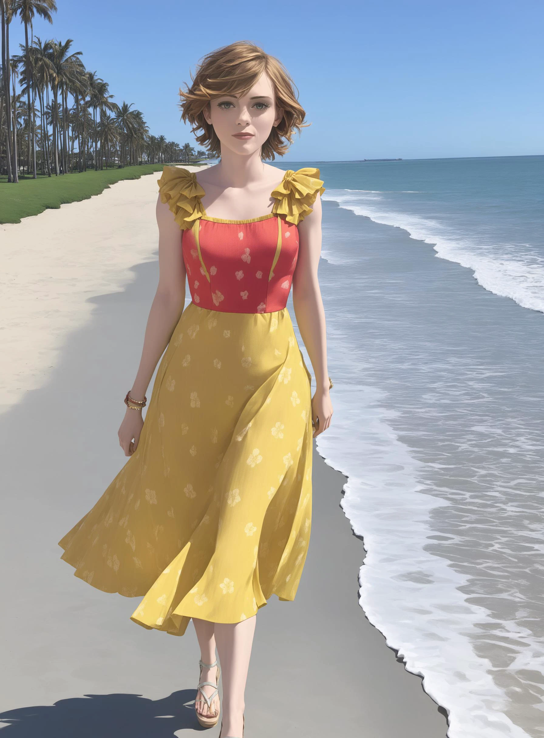 sophialillis in a colorful sommer dress walking on a beach promenade <lora:Sophia_Lillis_SDXL-000016:0.8>