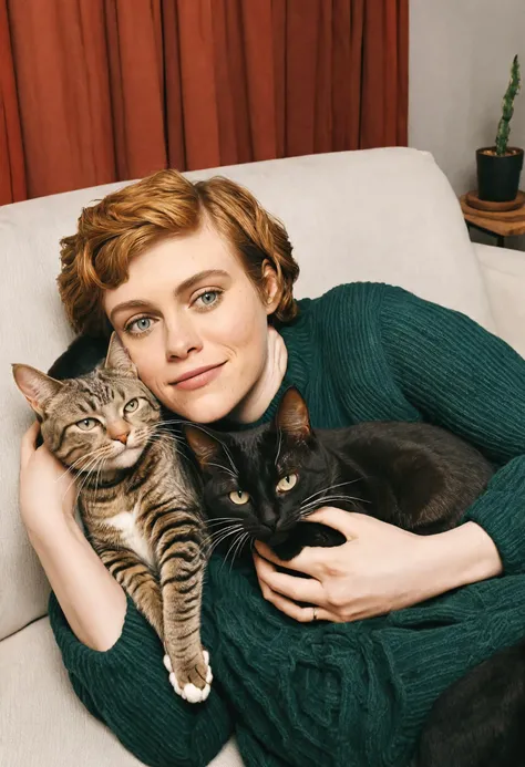 sophialillis cuddling with her cats on the couch <lora:Sophia_Lillis_SDXL-000016:1>