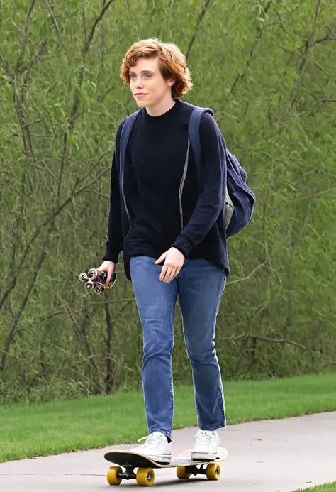 sophialillis carrying a skateboard through the park <lora:Sophia_Lillis_SDXL-000016:1>