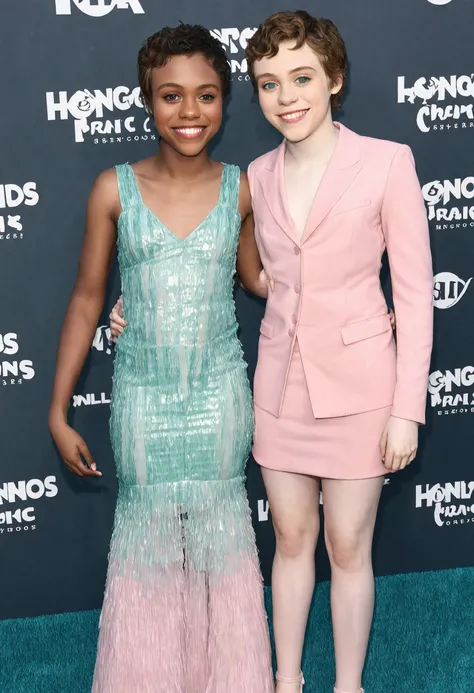 beautiful sophialillis wearing a teal suit standing next to her gorgeous black girlfriend with long hair wearing a light pink dress smiling <lora:Sophia_Lillis_SDXL-000016:1>