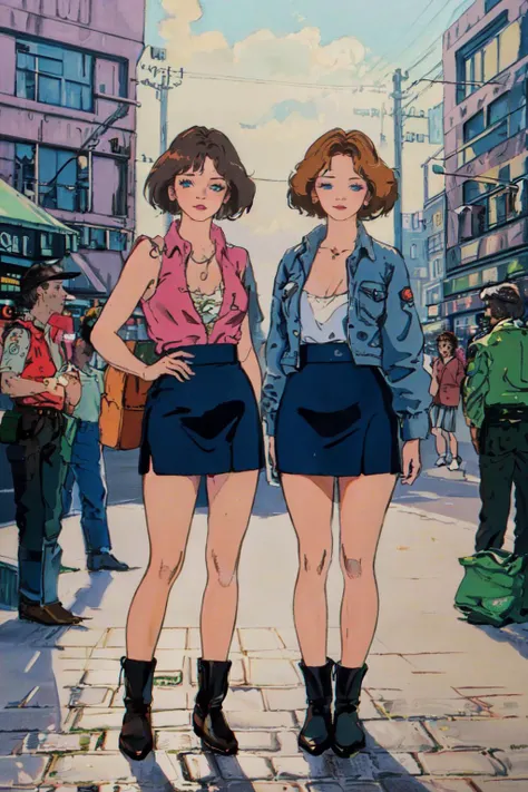 (best quality, masterpiece, RAW photo,ultra-detailed:1.2), <lyco:GoodHands-beta2:1.0>,2girls,looking at viewer, <lyco:Heavy_Metal-15:0.9> 1980s, mini skirt, city,