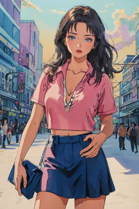(best quality, masterpiece, RAW photo,ultra-detailed:1.2), <lyco:GoodHands-beta2:1.0>,1girls,looking at viewer, bust shot, <lyco:Heavy_Metal-15:0.9> 1980s,  mini skirt, city,