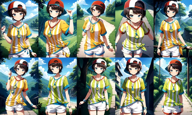 (masterpiece, best quality, very aesthetic, ultra detailed), intricate details, 4k, anime style, aasubaru, short hair, cap, backwards hat, breast, collarbone, watch, whistle around neck, vertical-striped shirt, tied shirt, short sleeves, wristband, white shorts, <lora:oozora_subaru_XL_v1:0.9>, standing, cowboy shot, outdoors, smile
