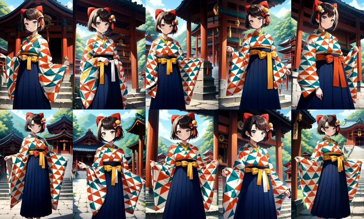 (masterpiece, best quality, very aesthetic, ultra detailed), intricate details, 4k, anime style, eesubaru, short hair, hair bow, red bow, hair ornament, japanese clothes, print kimono, long sleeves, wide sleeves, tassel, hakama skirt, blue skirt, <lora:oozora_subaru_XL_v1:0.9>, standing, cowboy shot, outdoors, shrine
