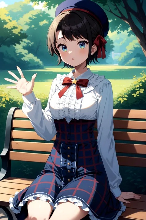 (masterpiece, best quality, very aesthetic, ultra detailed), intricate details, 4k, anime style, ffsubaru, short hair, hair ribbon, blue headwear, red bowtie, center frills, frilled shirt, white shirt, long sleeves, high-waist skirt, blue skirt, plaid skirt, <lora:oozora_subaru_XL_v1:0.9>, sitting, bench, outdoors, waving