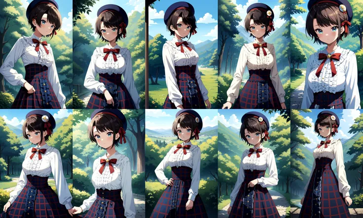 (masterpiece, best quality, very aesthetic, ultra detailed), intricate details, 4k, anime style, ffsubaru, short hair, hair ribbon, blue headwear, red bowtie, center frills, frilled shirt, white shirt, long sleeves, high-waist skirt, blue skirt, plaid skirt, <lora:oozora_subaru_XL_v1:0.9>, standing, cowboy shot, outdoors