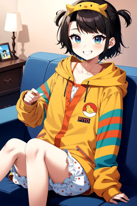 (masterpiece, best quality, very aesthetic, ultra detailed), intricate details, 4k, anime style, iisubaru, short hair, two side up, hood down, yellow hairband, collarbone, hoodie, hooded jacket, multicolored jacket, long sleeves, polka dot, white bloomers, <lora:oozora_subaru_XL_v1:0.9>, indoors, room, sofa, sitting, grin