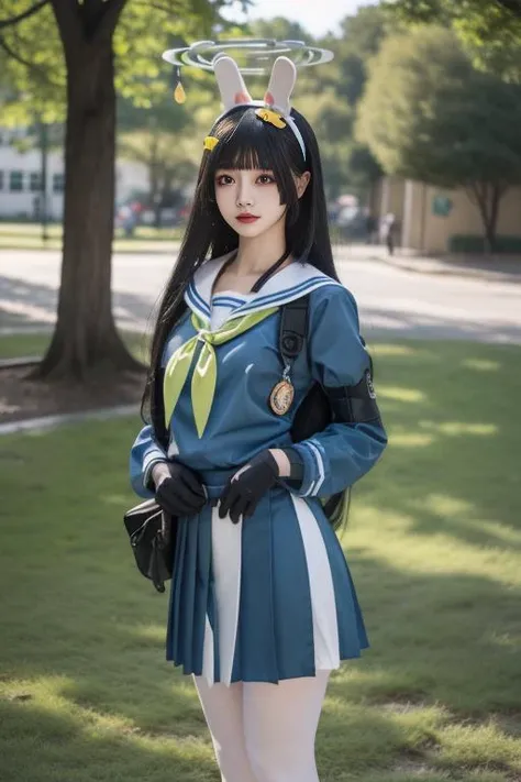 ltra-detailed,highly detailed,best quality,masterpiece,illustration,realistic,
kasumizawa miyu, 1gir l, solo, miyu \(blue archive\),cosplay,
bangs, long hair,fake animal ears, rabbit ears,
school uniform, serafuku, sailor collar, pleated skirt, body armor, pantyhose,
looking at viewer,cowboy shot,
photo background,outdoors, grass, bush,
<lora:kasumizawa miyu_v1_05:0.7>