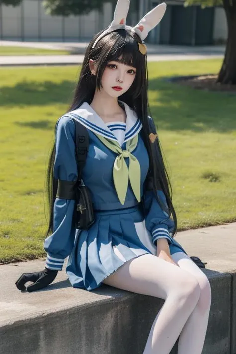 ltra-detailed,highly detailed,best quality,masterpiece,illustration,realistic,
kasumizawa miyu, 1gir l, solo, miyu \(blue archive\),cosplay,
bangs, long hair,fake animal ears, rabbit ears,
school uniform, serafuku, sailor collar, pleated skirt, body armor,white pantyhose,
looking at viewer,cowboy shot,
photo background,outdoors, grass, bush, trash can,
<lora:kasumizawa miyu_v1_05:0.7>