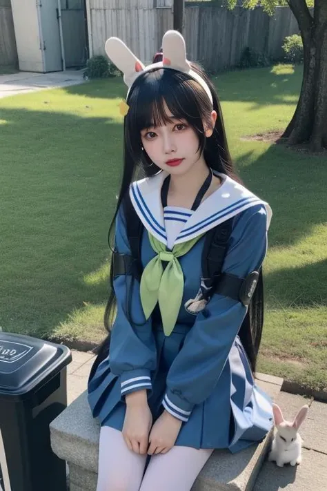 ltra-detailed,highly detailed,best quality,masterpiece,illustration,realistic,
kasumizawa miyu, 1gir l, solo, miyu \(blue archive\),cosplay,
bangs, long hair,fake animal ears, rabbit ears,
school uniform, serafuku, neckerchief, sailor collar,long sleeves, pleated skirt,
looking at viewer, in trash can,
photo background,outdoors, ruins,trash can, grass, bush,
<lora:kasumizawa miyu_v1_07:0.7>