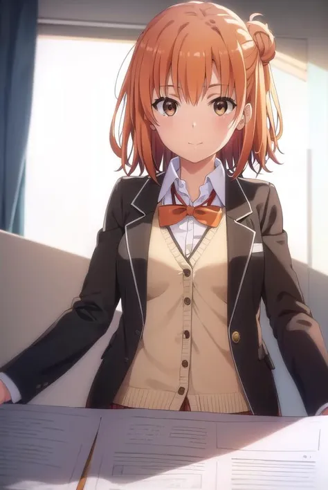 yuiyuigahama, <lora:yui yuigahama s2s3-lora-nochekaiser:1>, 
yui yuigahama, short hair, (brown eyes:1.5), (orange hair:1.2), hair bun, single hair bun, smile,
BREAK skirt, shirt, ribbon, school uniform, jacket, white shirt, black jacket, blazer, sobu high school uniform,
BREAK indoors, classroom,
BREAK looking at viewer, (cowboy shot:1.5),
BREAK <lyco:GoodHands-beta2:1>, (masterpiece:1.2), best quality, high resolution, unity 8k wallpaper, (illustration:0.8), (beautiful detailed eyes:1.6), extremely detailed face, perfect lighting, extremely detailed CG, (perfect hands, perfect anatomy),