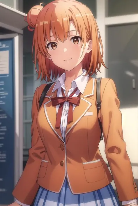 yuiyuigahama, <lora:yui yuigahama s2s3-lora-nochekaiser:1>,
yui yuigahama, short hair, (brown eyes:1.5), (orange hair:1.2), hair bun, single hair bun, smile,
BREAK skirt, shirt, ribbon, school uniform, jacket, white shirt, black jacket, blazer, sobu high school uniform,
BREAK indoors, classroom,
BREAK looking at viewer, (cowboy shot:1.5),
BREAK <lyco:GoodHands-beta2:1>, (masterpiece:1.2), best quality, high resolution, unity 8k wallpaper, (illustration:0.8), (beautiful detailed eyes:1.6), extremely detailed face, perfect lighting, extremely detailed CG, (perfect hands, perfect anatomy),