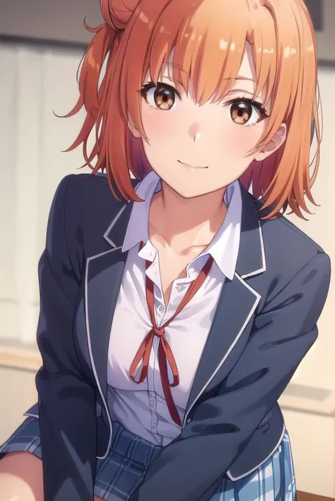 yuiyuigahama, <lora:yui yuigahama s2s3-lora-nochekaiser:1>,
yui yuigahama, short hair, (brown eyes:1.5), (orange hair:1.2), hair bun, single hair bun, smile,
BREAK skirt, shirt, ribbon, school uniform, jacket, white shirt, black jacket, blazer, sobu high school uniform,
BREAK indoors, classroom,
BREAK looking at viewer, (cowboy shot:1.5),
BREAK <lyco:GoodHands-beta2:1>, (masterpiece:1.2), best quality, high resolution, unity 8k wallpaper, (illustration:0.8), (beautiful detailed eyes:1.6), extremely detailed face, perfect lighting, extremely detailed CG, (perfect hands, perfect anatomy),