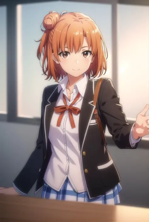 yuiyuigahama, <lora:yui yuigahama s2s3-lora-nochekaiser:1>,
yui yuigahama, short hair, (brown eyes:1.5), (orange hair:1.2), hair bun, single hair bun, smile,
BREAK skirt, shirt, ribbon, school uniform, jacket, white shirt, black jacket, blazer, sobu high school uniform,
BREAK indoors, classroom,
BREAK looking at viewer, (cowboy shot:1.5),
BREAK <lyco:GoodHands-beta2:1>, (masterpiece:1.2), best quality, high resolution, unity 8k wallpaper, (illustration:0.8), (beautiful detailed eyes:1.6), extremely detailed face, perfect lighting, extremely detailed CG, (perfect hands, perfect anatomy),