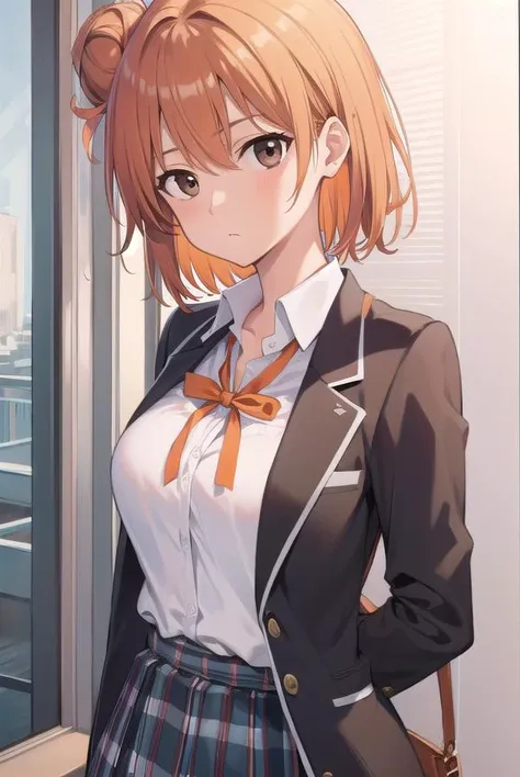 yuiyuigahama, <lora:yuiyuigahama:1>, yuigahama yui, short hair, (brown eyes:1.5), (orange hair:1.2), hair bun, single hair bun, BREAK skirt, shirt, ribbon, school uniform, jacket, white shirt, black jacket, blazer, sobu high school uniform, BREAK indoors, school, BREAK looking at viewer, BREAK <lora:GoodHands-vanilla:1>, (masterpiece:1.2), best quality, high resolution, unity 8k wallpaper, (illustration:0.8), (beautiful detailed eyes:1.6), extremely detailed face, perfect lighting, extremely detailed CG, (perfect hands, perfect anatomy),