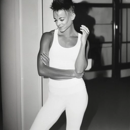 medium full shot of a (sweaty 1girl:1.2), (short mohawk haircut:1.1), (fitness abs, pawg ass slim waist:1.15), (she's dressed in a Backless t-shirt, leggings and sports shoes:1.25), (white clothes:1.15), in a luxury (gym) at night, spot lights, (neon glowing lights:1.1), (fog and mist:1.2), (big window full of stars in background:1.05), (front view she's lstanding with crossed hands:1.4) ,
(textured skin, skin pores:0.8), (fair skin:1.25), (candid photo, voyeur, masterwork, amateur photograph, grainy, bad flash, 35mm:1.35),(cinestill 800:1.3),