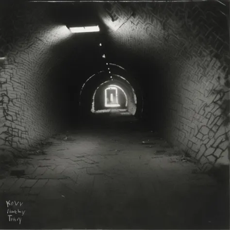An abandoned underground tunnel, Bokeh, volumetric lighting, by Miroslav Tichy, overprint effect <lora:overprint_effect:1>