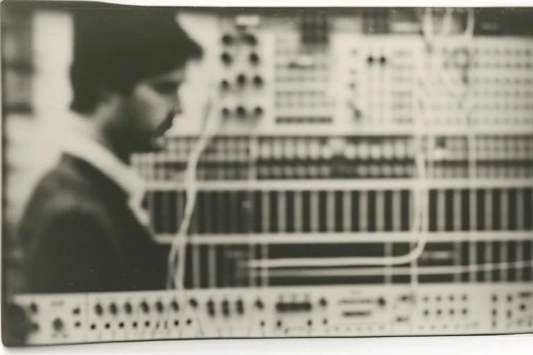 snth in the dressing room, cables, patch cables, volca photo by Miroslav Tichy, <lora:synth3:0.9>