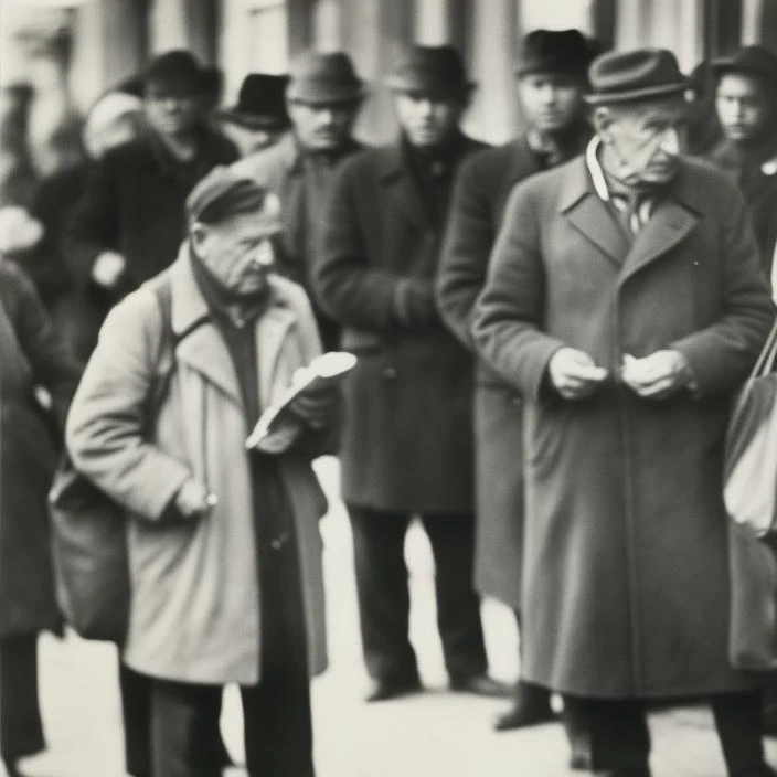 An old photo of a man standing in line at the grocery store with a bag in his hands, photo by Miroslav Tichy