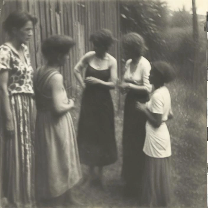 The women have a raucous conversation while standing in the backyard, photo by Miroslav Tichy