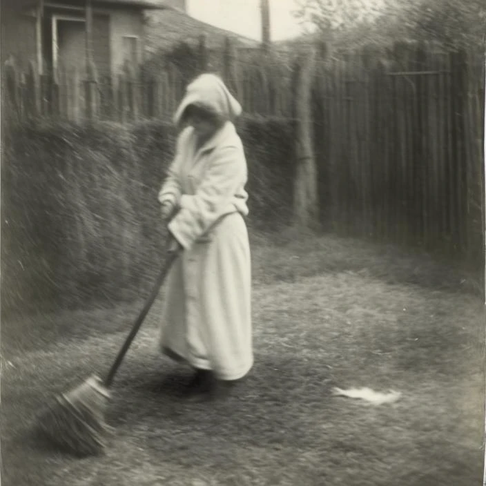 A woman in a bathrobe sweeps the yard with a broom, photo by Miroslav Tichy