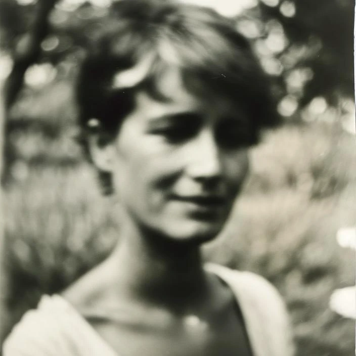 Shoulder portrait of a beautiful woman in an apple orchard, photo by Miroslav Tichy