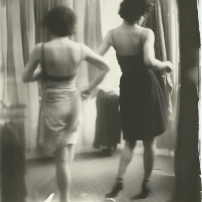 Woman actor changing clothes in the dressing room, photo by Miroslav Tichy